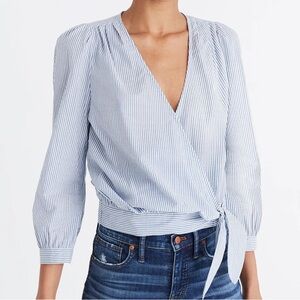 Madewell Cotton Wrap Top in Indigo Stripe